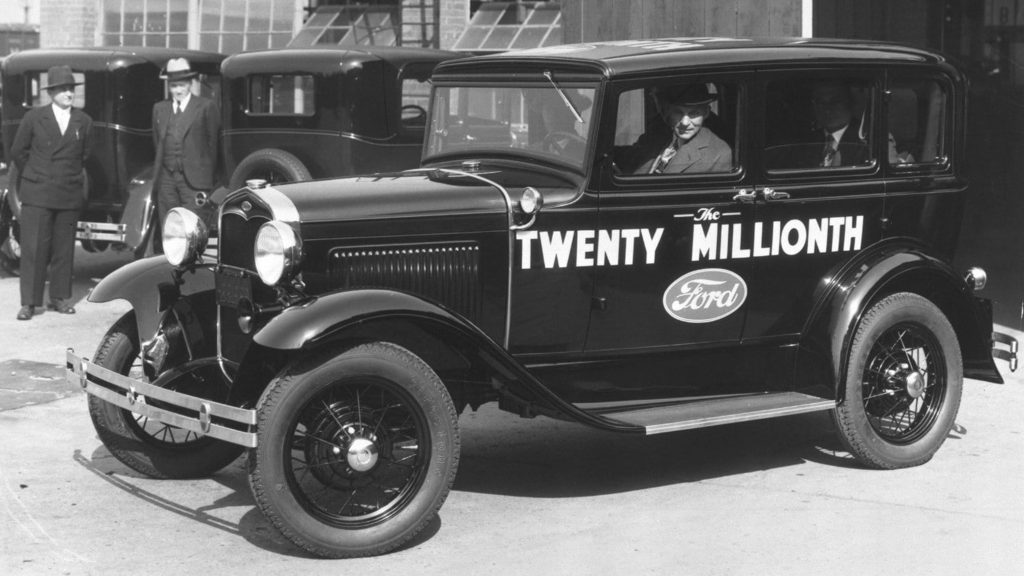 Twenty millionth ford car viewed from the side, black and white photography